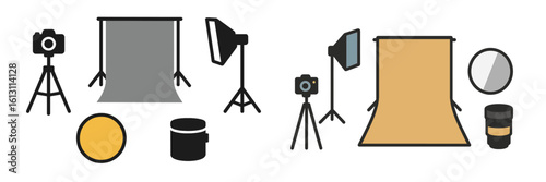 Studio equipment for photography setup in a creative workspace showcasing various tools and lighting arrangements