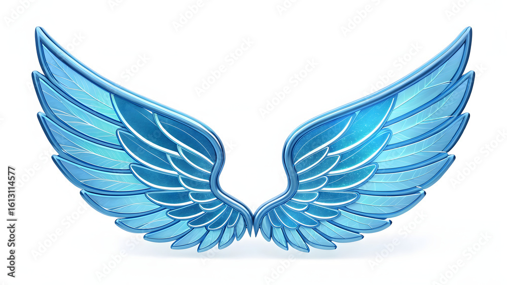 Fototapeta premium Stylized 3D blue holographic glass angel wings icon with glowing feathers and fantasy design on white background
