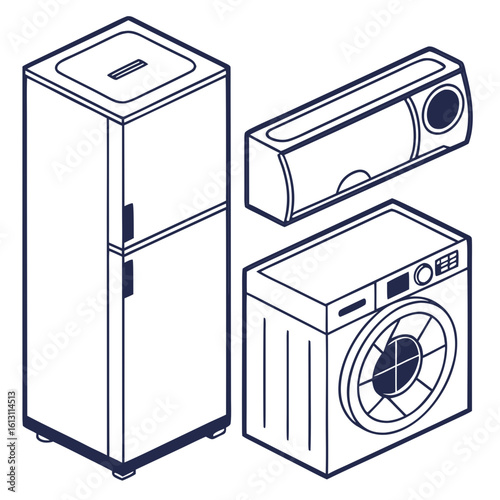 Isometric outline illustration of a refrigerator, air conditioner, and washing machine isolated on white background