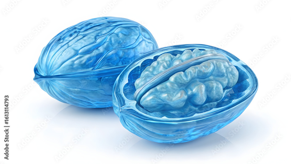 Fototapeta premium 3D blue glass walnut icon with one half opened, futuristic holographic style on white background, isolated