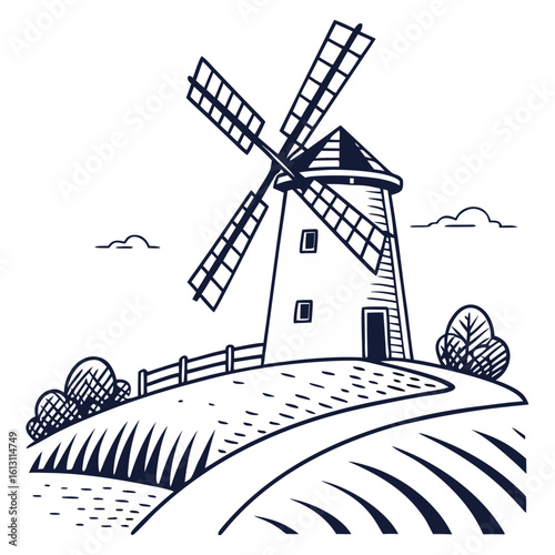 A vintage windmill stands tall on a hill in a rural landscape, with a fence and trees nearby