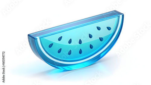3D blue glass watermelon slice icon with seeds, modern holographic style, isolated on white background