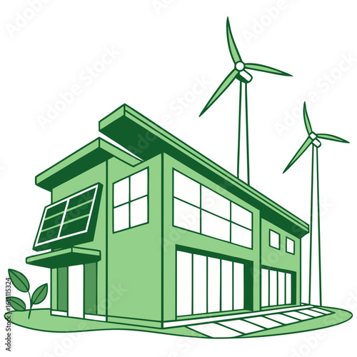 Illustration of a modern house powered by green energy, featuring solar panels and wind turbines, promoting sustainable living