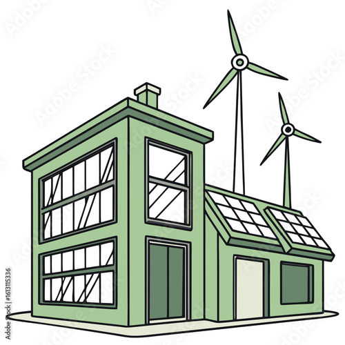 Illustration of a modern house powered by green energy, featuring solar panels and wind turbines, promoting sustainable living