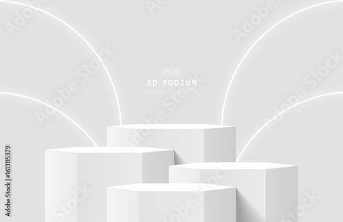 Abstract white 3d background studio room. Realistic 3d hexagon podium stand with glowing curve neon shape background. Minimal wall scene for mockup. Vector geometric platform. 3d vector rendering.