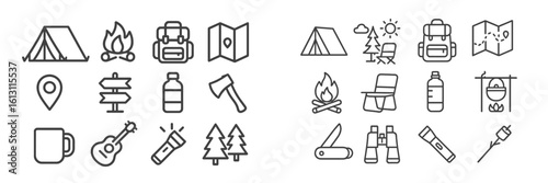 Camping essentials including tents, gear, and campfire items for outdoor adventures in nature