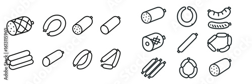 Different types of sausages and cured meats displayed in a minimalist style, perfect for culinary art enthusiasts and food designers
