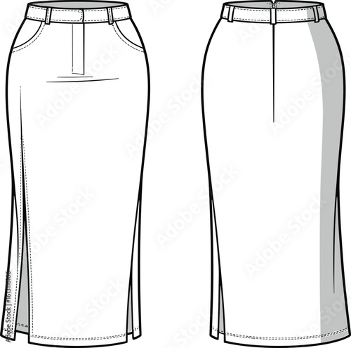 Fashion cad sketch, pencil skirt technical flat, front and back view, garment drawing, sewing pattern vector, apparel illustration