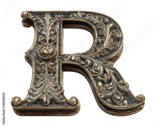 Ornate silver letter r decorative display luxurious environment isolated on transparent background, png