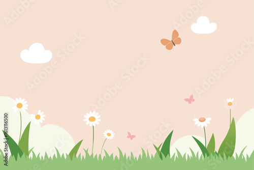 minimal nature meadow with grass  daisies  butterf