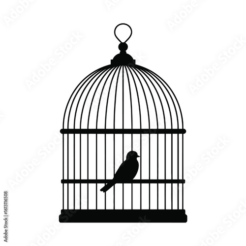 Bird in cage black silhouette freedom concept vector illustration
