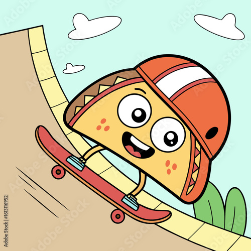 A happy taco character rides a skateboard down a ramp