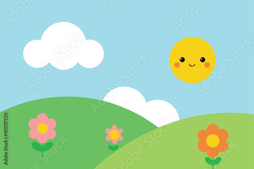 flat vector background of a sunny meadow with soft