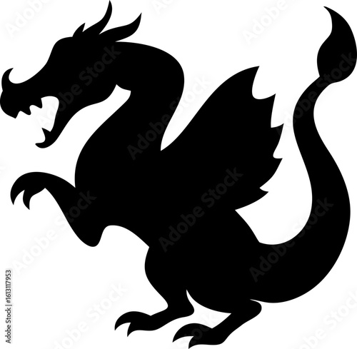 A powerful black dragon tattoo design, illustrated as a mythological silhouette with intricate medieval fantasy wings