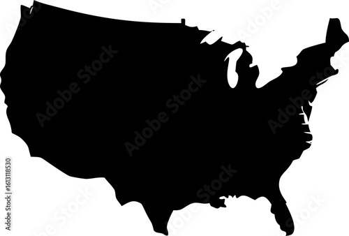Isolated silhouette map of the USA, a black and white outline illustration of the country's geography