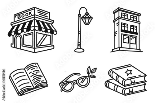 Collection of Vintage Bookstore and Reading Icons.