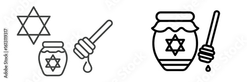 Honey jars with a star symbol and dipper displayed in a minimalistic style for a cultural celebration