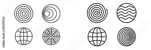 Designs featuring circular patterns and globe motifs displayed in a neat layout on a white background suitable for artistic inspiration