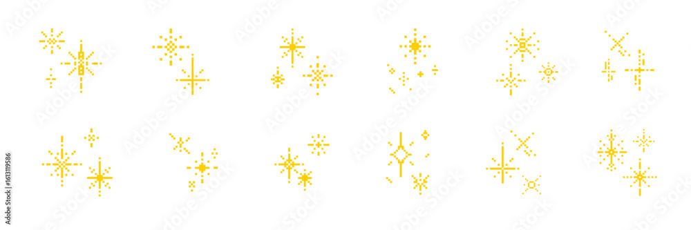 Set of pixel sparkle and stars. Scattered 8-bit glitter elements. Retro Y2K shapes with yellow light. Set of pixel sparkle and stars. Scattered 8-bit glitter elements. Retro Y2K shapes with yellow light.