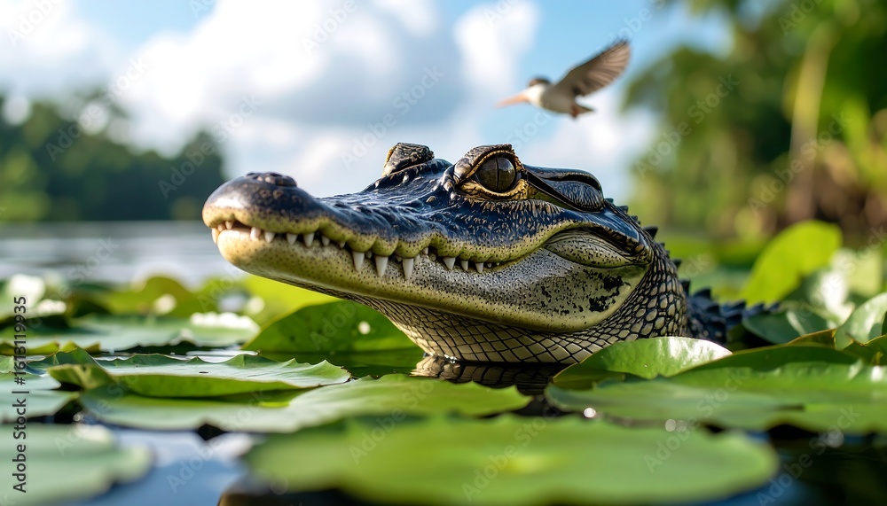 Obraz premium Young alligator in water with lily pads, bird in flight