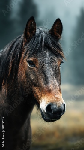 Beautiful brown horse with a flowing mane in a misty landscape during early morning hours