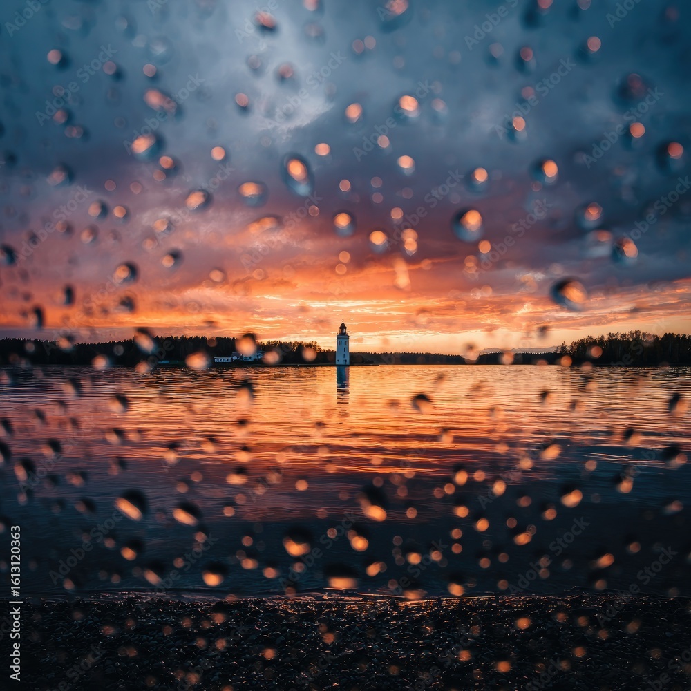 Fototapeta premium A dramatic sunset over water, seen through raindrops on glass