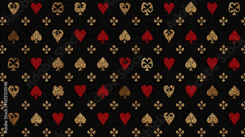 Decorative Pattern of Gold and Red Playing Card Suits, Seamless Texture