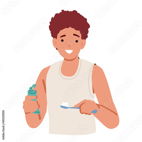 Happy smiling teenage boy cartoon character brushing teeth experiencing morning hygiene procedure