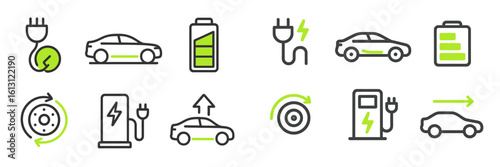 Electric vehicle icons representing charging, battery levels, and energy efficiency for modern transportation systems