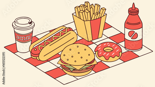 Isometric fast food meal with burger, hotdog, fries, donut, coffee, and ketchup bottle on a checkered surface