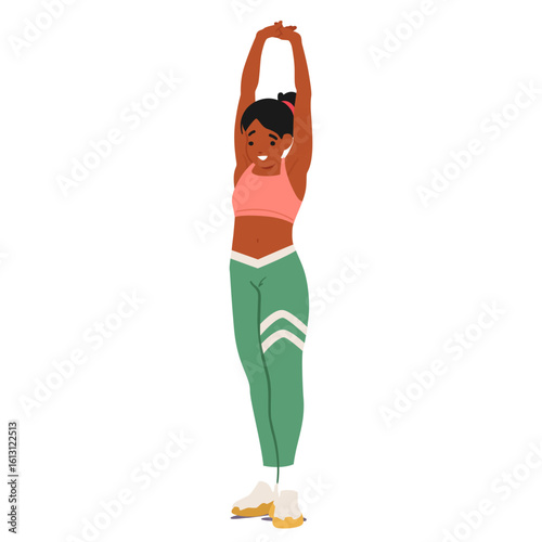 Sporty teenager girl cartoon character warming up doing stretching exercise for good posture
