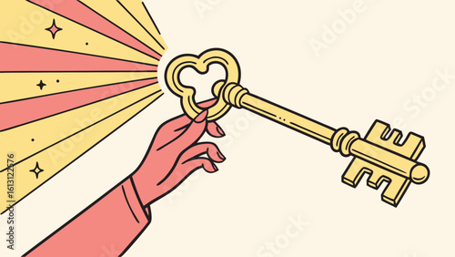 Illustration of a hand holding a golden key with light rays and stars emanating from the keyhole area
