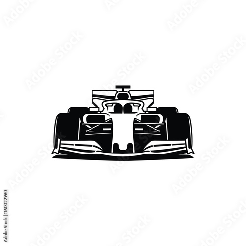 Formula One Racing Car Front View Black and White Illustration
