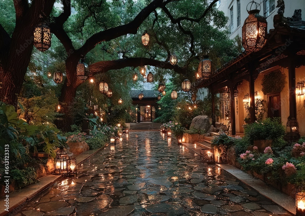 Fototapeta premium Rows of lanterns suspended above a garden walkway during the evening.