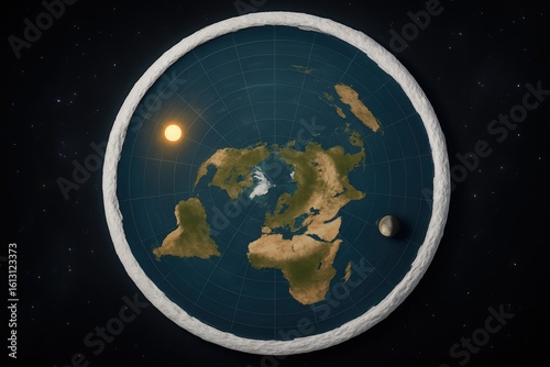 Flat Earth Model with Sun and Moon in Space Illustration