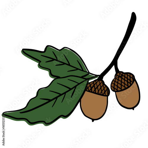 A line art illustration of an acorn surrounded by autumn leaves, drawn in minimalistic black strokes on a light background.