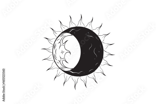 Celestial Harmony A Graphic Illustration of the Moon and Sun in Black and White Symbolizing Balance Duality and the Interplay of Cosmic Forces in a