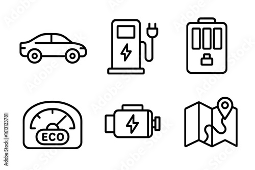 Electric vehicle icons illustrating charging stations, battery technology, and energy efficiency indicators in a modern transportation context