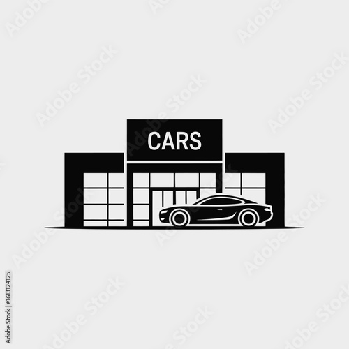 Car dealership building with a car in front black and white