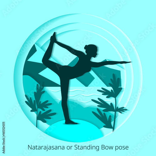 Dandayamana Dhanurasana yoga pose. Natarajasana pose or Standing Bow Pulling pose.  Paper cut design. Isolated vector illustration.