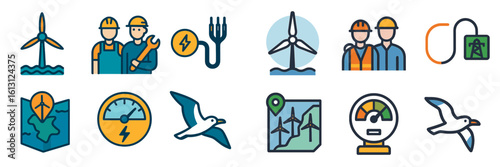 Wind energy icons illustrating renewable technology, workers, and environmental elements in modern energy sector