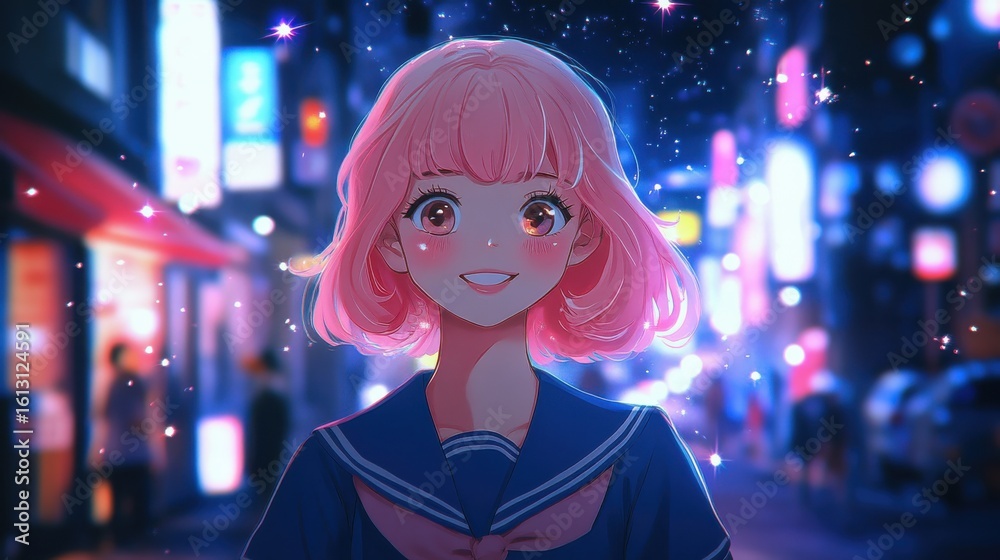 Obraz premium Happy teenage Asian girl in sailor uniform on city street at night