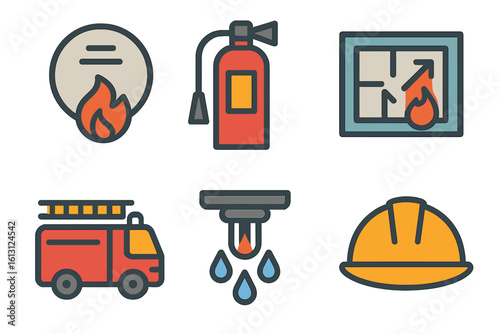 Fire safety symbols highlighting emergency preparedness and response actions in a preventive setting