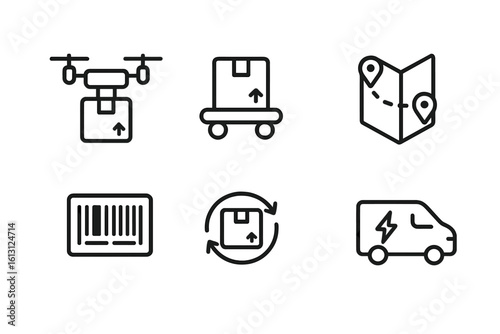 Delivery and logistics icons showcasing modern shipping methods and technologies used in transportation