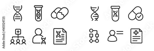 Icons representing health, genetics, and pharmaceuticals in a medical context