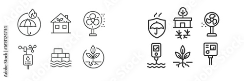 Symbols representing climate adaptation tools and environmental monitoring activities in urban areas