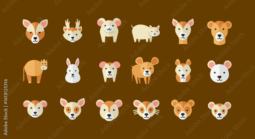 Obraz premium Cute Animal Icon Set, Cartoon Mammal Vector Pack, Adorable Creatures Illustration