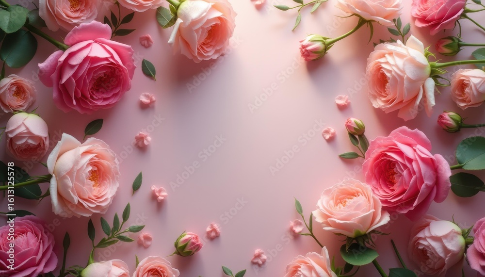 Fototapeta premium Delicate pink roses in soft studio flat lay arrangement