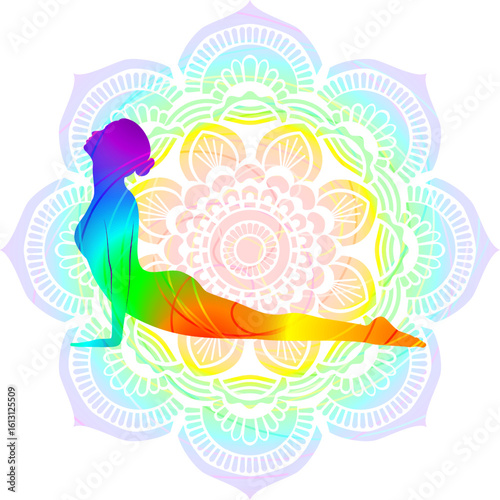 Colorful silhouette of woman practicing Urdhva Mukha Shvanasana yoga pose. Upward Facing Dog yoga pose. Isolated vector illustration