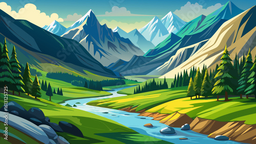 In the renowned Sonamarg valley destination, crystal-clear rivers flow through green fields. This dreamy landscape, perfect for vector art, evokes serenity with every brushstroke in semi-realistic det
